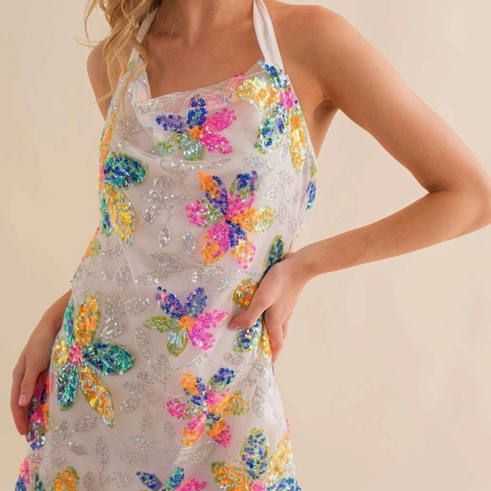 NEW! Main Strip -Sequin Halter Mini White & Multi Floral Design Dress Sz S M & L